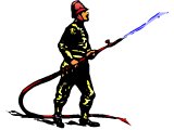 An old fashioned fireman with a hose, who has just finished spraying a message